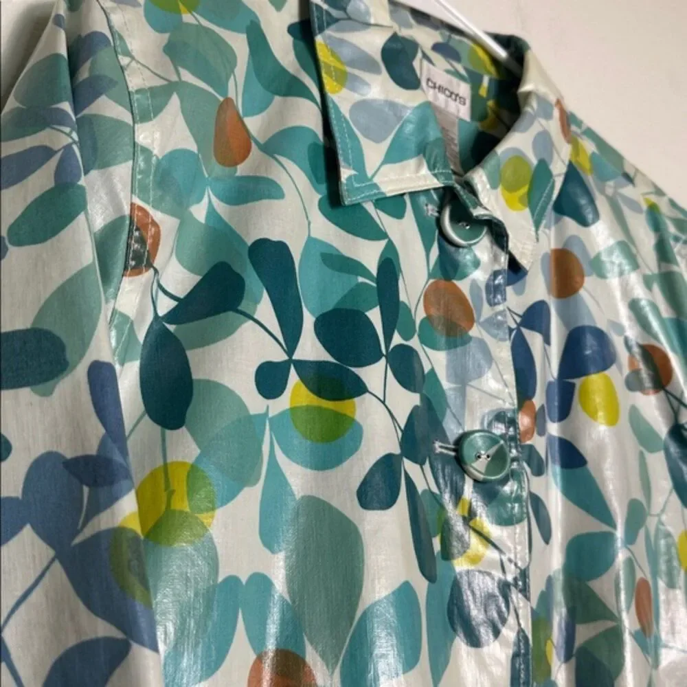 Chicos Floral Rain Coat Womens 2 Med Shiny Lined Hip Pockets Button Front Jacket